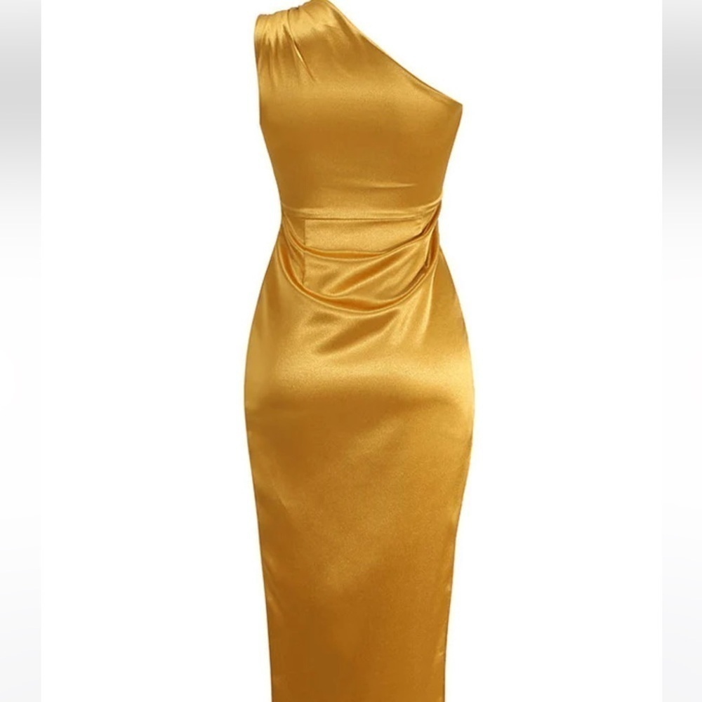 Nwt Rosedress Gold Goddess One Shoulder Satin Midi Dress — image 4 of 8
